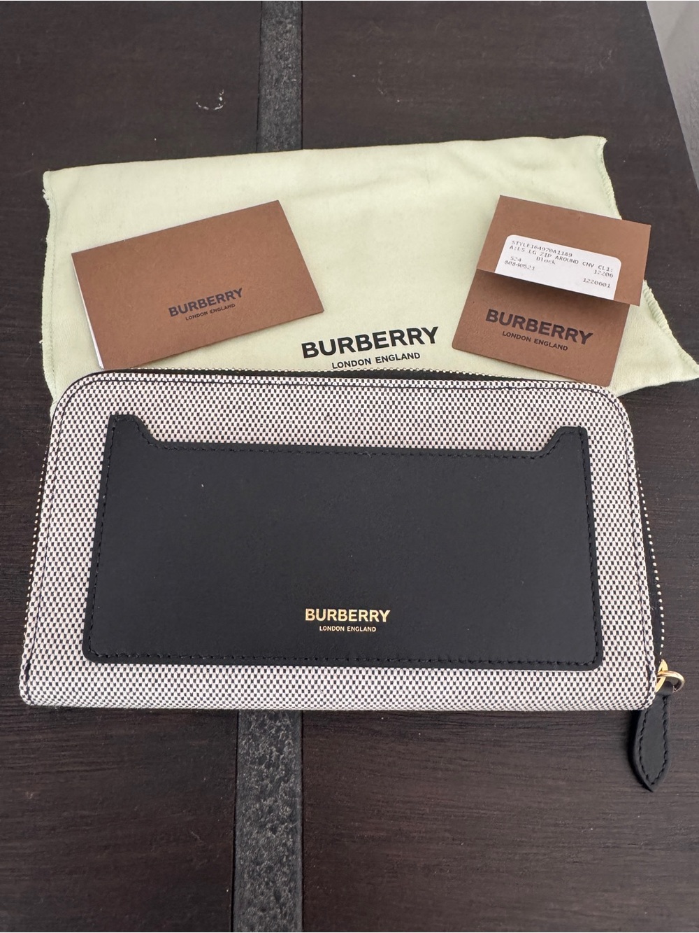Burberry Black & Cream Zip Around Wallet with Gold Logo